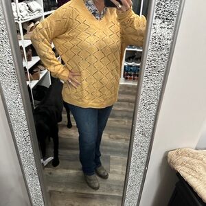 Staccato Yellow Fall Crochet Sweater New Large V-Neck Women's